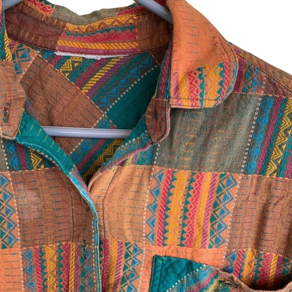 Vintage Multicolor Patchwork Button Front Women’s Short Sleeve Shirt 80s 90s - Picture 2 of 6